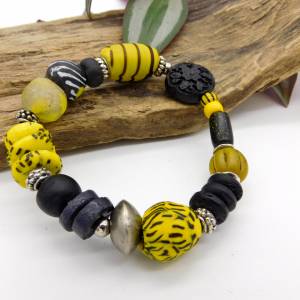 afrikanisches Armband - Perlenmix - afrikanische Vielfalt - gelb, schwarz - elastisch - ca. 19cm Bild 1
