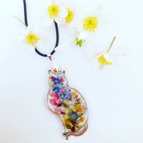 Anhänger Katze beidseitig! echte Blumen Frühling