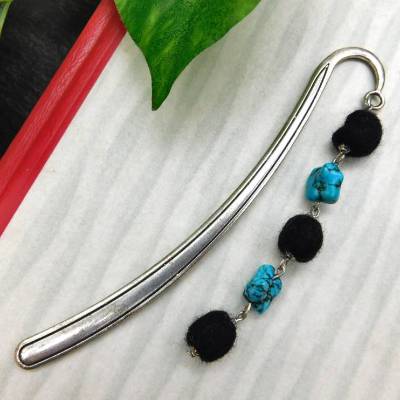 Metall Lesezeichen - Türkis Nuggets, schwarze Filzperlen - 12,6cm