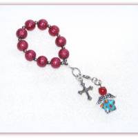 kleiner Rosenkranz dunkelrot mit Kreuz und Engel aus Jadeperle und Millefioristern Bild 2