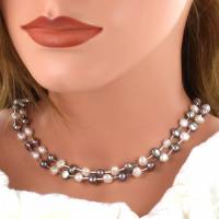weiß graue Perlenkette zwei-reihig Süßwasserperlen Silber rhodiniert Bild 1