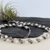 weiß graue Perlenkette zwei-reihig Süßwasserperlen Silber rhodiniert Bild 2
