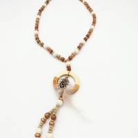 Lange Perlen-Halskette mit Holz- und Lava-Perlen in natur beige und rosé-gold 66 cm handgemachtes Unikat Bild 1