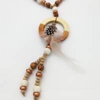 Lange Perlen-Halskette mit Holz- und Lava-Perlen in natur beige und rosé-gold 66 cm handgemachtes Unikat Bild 2