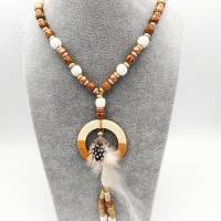 Lange Perlen-Halskette mit Holz- und Lava-Perlen in natur beige und rosé-gold 66 cm handgemachtes Unikat Bild 5