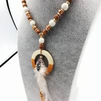 Lange Perlen-Halskette mit Holz- und Lava-Perlen in natur beige und rosé-gold 66 cm handgemachtes Unikat Bild 6