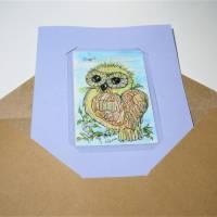 Eule mit Herz handgemalt Minibild 90 x 60 Millimeter Aquarell laminiert Lesezeichen Geburtstagskarte Danke Erzieherin Bild 4