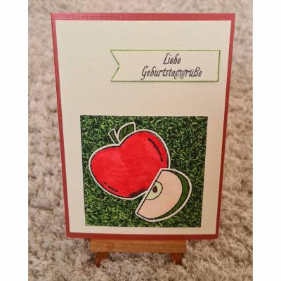 Geburtstagskarte " Liebe Geburtstagsgrüße " roter Apfel mit Apfelscheibe