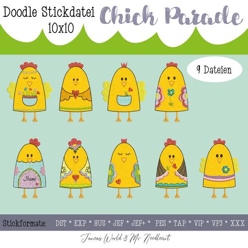 Digitale Stickserie JW Chick Parade Doodle 10x10 cm (4x4") Stickrahmen