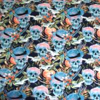 Baumwolljersey Stoff Digital Skulls bunte Totenköpfe Schädel Köpfe auf blau Frühling Helloween EU Meterware nähen Bild 2