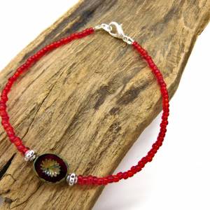 Fußkettchen - silbern - rote Perlen + böhmisches Glas (Kiwi) mit Travertin Finish - 24cm Bild 1