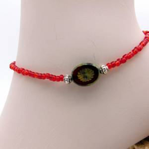 Fußkettchen - silbern - rote Perlen + böhmisches Glas (Kiwi) mit Travertin Finish - 24cm Bild 2