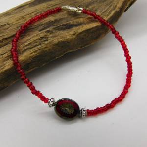 Fußkettchen - silbern - rote Perlen + böhmisches Glas (Kiwi) mit Travertin Finish - 24cm Bild 4