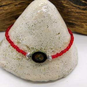 Fußkettchen - silbern - rote Perlen + böhmisches Glas (Kiwi) mit Travertin Finish - 24cm Bild 5