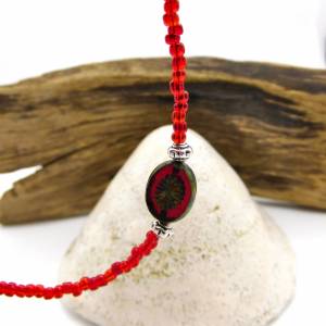 Fußkettchen - silbern - rote Perlen + böhmisches Glas (Kiwi) mit Travertin Finish - 24cm Bild 6