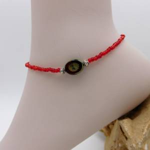 Fußkettchen - silbern - rote Perlen + böhmisches Glas (Kiwi) mit Travertin Finish - 24cm Bild 7