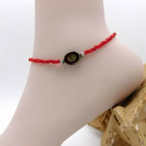 Fußkettchen - silbern - rote Perlen + böhmisches Glas (Kiwi) mit Travertin Finish - 24cm Bild 8
