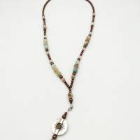 Lange Perlen-Halskette mit Naturstein-Perlen in braun silber türkis 70 cm handgemachtes Unikat Bild 1