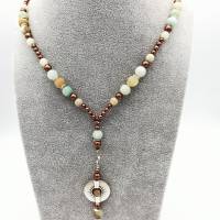 Lange Perlen-Halskette mit Naturstein-Perlen in braun silber türkis 70 cm handgemachtes Unikat Bild 5