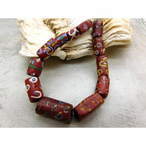 12 antike venezianische Glasperlen mit Augen aus dem Afrikahandel - ziegelrot - Wickelglas - tubenförmig und rechteckig