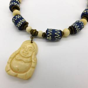 Halskette - Pulverglas aus Afrika blau - Bein - Bronze - Buddha Anhänger - 46,4cm Bild 5