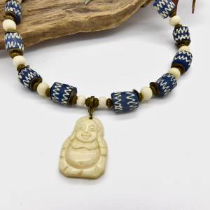 Halskette - Pulverglas aus Afrika blau - Bein - Bronze - Buddha Anhänger - 46,4cm Bild 8