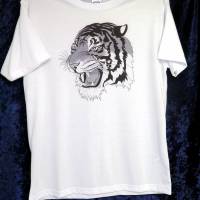 Tolles T-Shirt atmungsaktive Funktionsfaser mit Baumwollgriff weiß mit "Tigerkopf" Bild 1