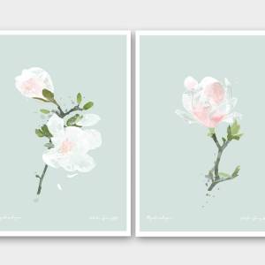 Set von zwei Magnolieblüten Kunstdrucken, weiße Frühlingsblumen Kunstdruck Bild 1