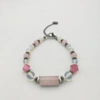 Perlen-Armband mit Naturstein und Edelstahl in transparent rosa silber 19cm plus Verlängerungskette handgemachtes Unikat Bild 1