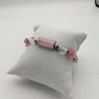 Perlen-Armband mit Naturstein und Edelstahl in transparent rosa silber 19cm plus Verlängerungskette handgemachtes Unikat Bild 4