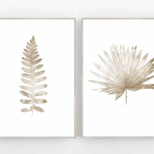 2-er Set botanische Kunstdrucke, Farnblatt zusammen mit Palmenblatt, Beige Schlafzimmer Wandkunst Kunstdrucke Bild 1