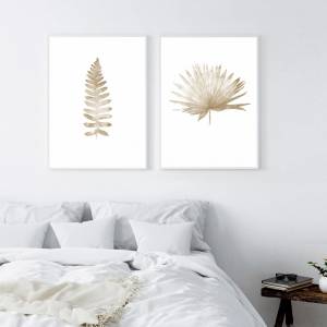 2-er Set botanische Kunstdrucke, Farnblatt zusammen mit Palmenblatt, Beige Schlafzimmer Wandkunst Kunstdrucke Bild 2