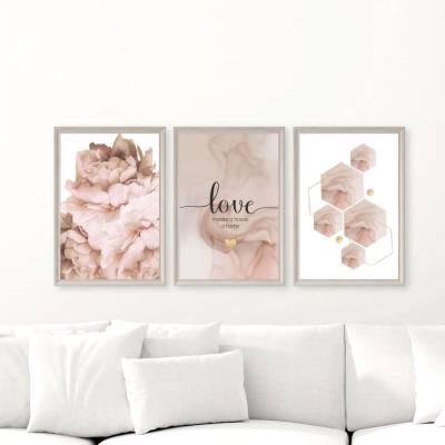 Bidlerset - LOVE MAKES A HOUSE A HOME PASTELL FLOWERS 3er Prints Bilder Poster Bilderset Kunstdrucke dekorativ