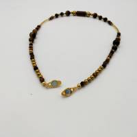Perlen-Halskette mit Naturstein und Metall vergoldet in braun gold 43 cm mit Magnetverschluß handgemachtes Unikat Bild 2
