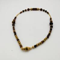 Perlen-Halskette mit Naturstein und Metall vergoldet in braun gold 43 cm mit Magnetverschluß handgemachtes Unikat Bild 3