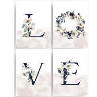 Nr.420 Printset 4er Prints Bilder Poster Bilderset Kunstdrucke dekorativ - LOVE BLUE FLOWERS LETTERS Bild 1