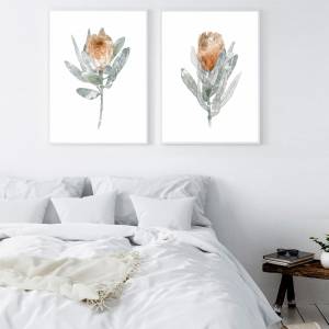 Set von 2 Protea Blüten Kunstdrucken, botanische Kunstdrucke, orange Blumen Wandkunst Bild 1
