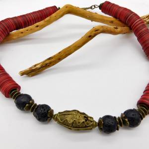Afrikanische Halskette - Lava, antike Bakelit-Scheiben, antike Bronze-Perle - 50-52cm Bild 2