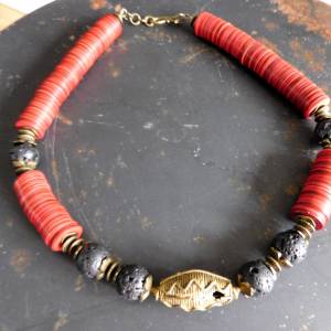Afrikanische Halskette - Lava, antike Bakelit-Scheiben, antike Bronze-Perle - 50-52cm Bild 3