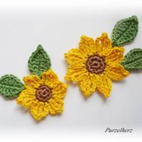 6-teiliges Häkelset Sonnenblumen mit Blättern - Häkelapplikation,Aufnäher,Häkelblume,Tischdeko,gelb,grün Bild 1