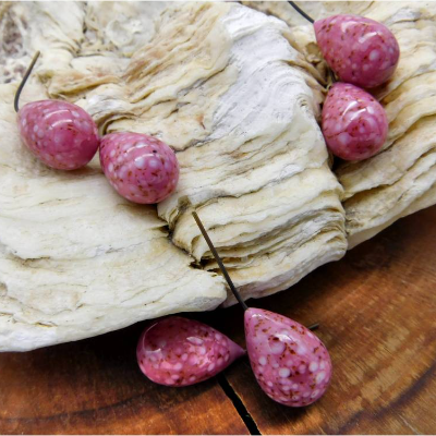 6 Vintage Glas Tropfen mit Stift - böhmisch, Gablonz - rosa, rose, pink