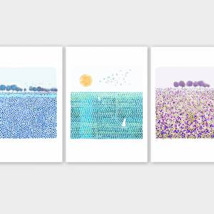 Set von 3 Kunstdrucken, Blaue Wiese Druck, Sonne und Meer Druck, Herbst Wiese Druck Bild 1