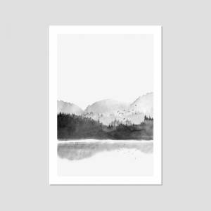 Aquarell Bergsee Kunstdruck in schwarz-weiß, nebliger Wald und See Poster, skandynavische Wandkunst Bild 2