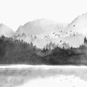 Aquarell Bergsee Kunstdruck in schwarz-weiß, nebliger Wald und See Poster, skandynavische Wandkunst Bild 3