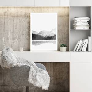 Aquarell Bergsee Kunstdruck in schwarz-weiß, nebliger Wald und See Poster, skandynavische Wandkunst Bild 5
