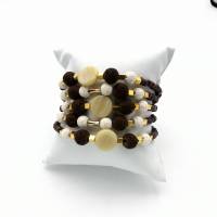 Perlen-Armreifen fünfreihig mit Naturstein und Metall vergoldet in braun gold creme Durchmesser 6cm anpassbar handgemach Bild 4
