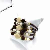 Perlen-Armreifen fünfreihig mit Naturstein und Metall vergoldet in braun gold creme Durchmesser 6cm anpassbar handgemach Bild 5
