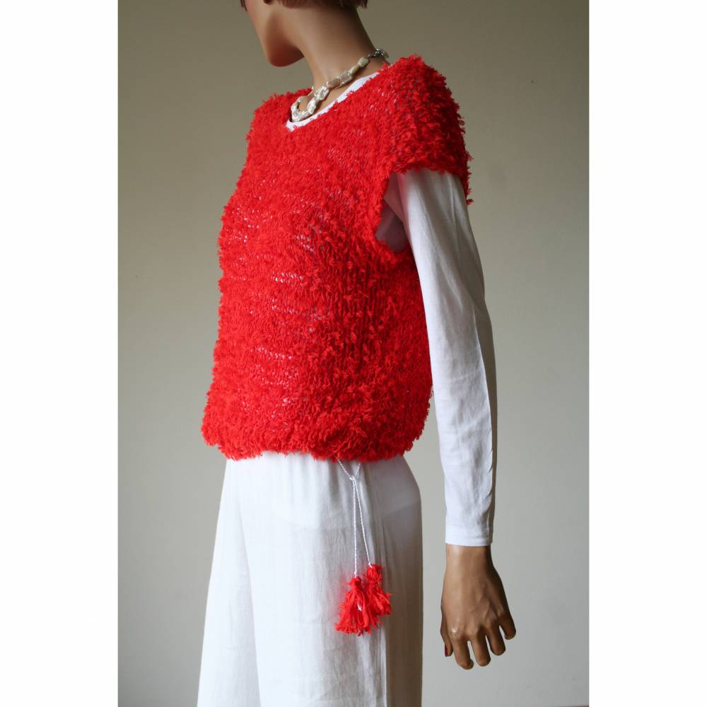 Sommerlicher Pulli aus Baumwolle in Rot, gestricktes Sommer-Top, Grobstrick Pullunder, Größe S-M Bild 1