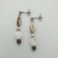 Perlen-Ohrringe mit Muschel in braun weiß silber 3,5cm lang handgemachtes Unikat Bild 2