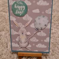 Glückwunschkarte " happy day " Hase und Luftballons Bild 1